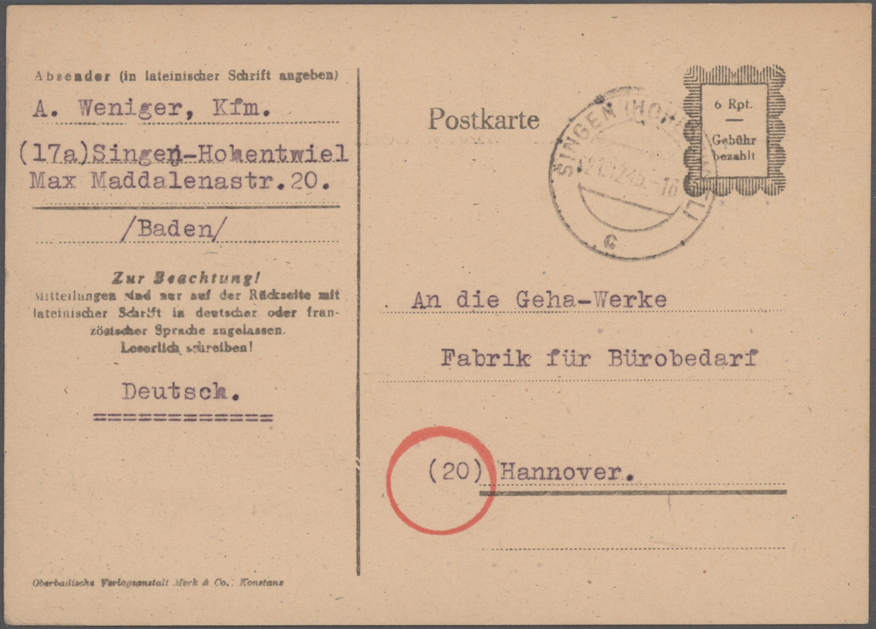 Lot 14743 - Alliierte Besetzung - Ganzsachen Behelf: Französische Zone - Auktionshaus Christoph Gärtner GmbH & Co. KG 58th AUCTION - Day 5 Lot 14743 - Alliierte Besetzung - Ganzsachen Behelf: Französische Zone - Auktionshaus Christoph Gärtner GmbH & Co. KG 58th AUCTION - Day 5