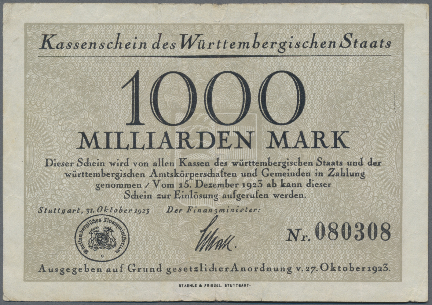 Coin Auction Deutschland Notgeld Wurttemberg Banknoten Sale 46 Banknotes Collections And Bank Notes Germany Of The 46th Christoph Gartner Auction Lot 2644