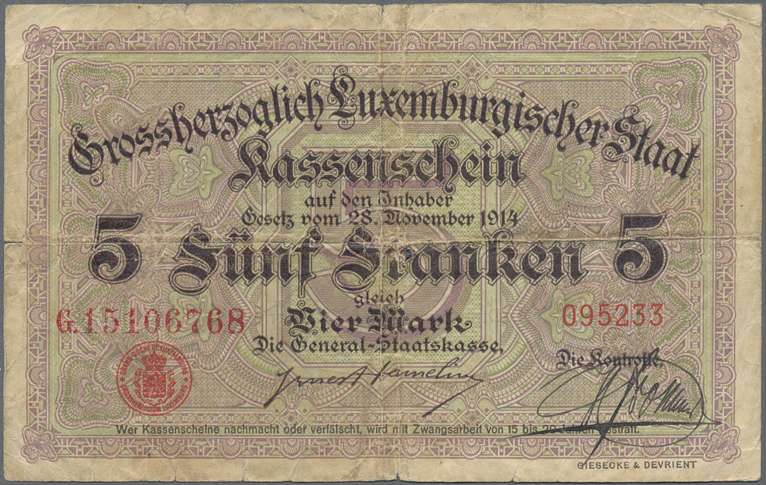 Lot 01481 - Luxembourg | Banknoten - Auktionshaus Christoph Gärtner GmbH & Co. KG 58th AUCTION - Day 1 Lot 01481 - Luxembourg | Banknoten - Auktionshaus Christoph Gärtner GmbH & Co. KG 58th AUCTION - Day 1