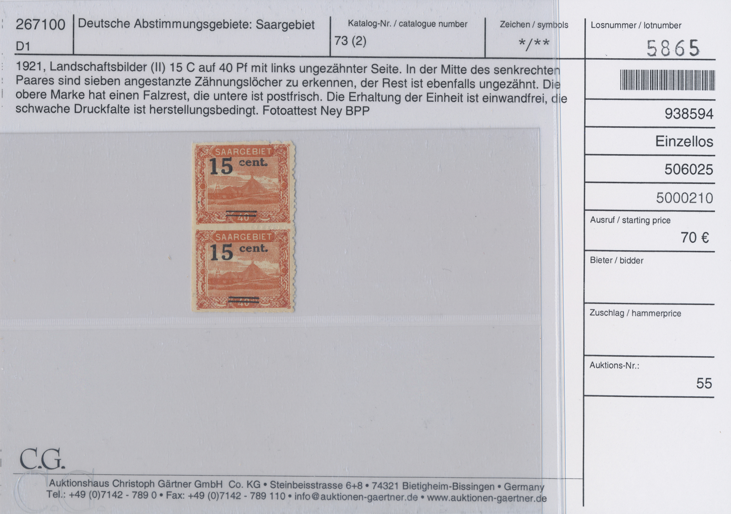 Lot 11366 - Deutsche Abstimmungsgebiete: Saargebiet  -  Auktionshaus Christoph Gärtner GmbH & Co. KG 56th AUCTION - Day 5