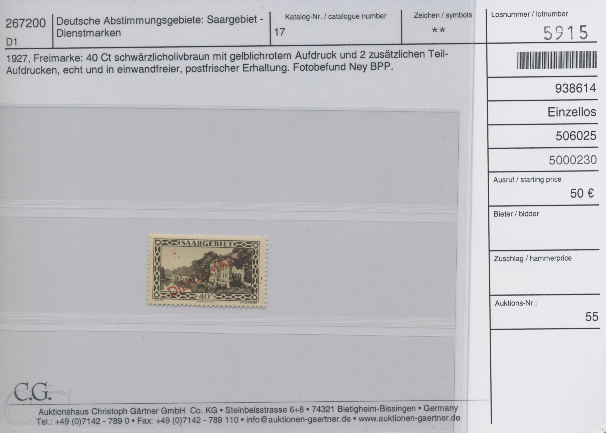 Lot 11052 - Deutsche Abstimmungsgebiete: Saargebiet - Dienstmarken - Auktionshaus Christoph Gärtner GmbH & Co. KG 57th AUCTION - Day 5 Lot 11052 - Deutsche Abstimmungsgebiete: Saargebiet - Dienstmarken - Auktionshaus Christoph Gärtner GmbH & Co. KG 57th AUCTION - Day 5
