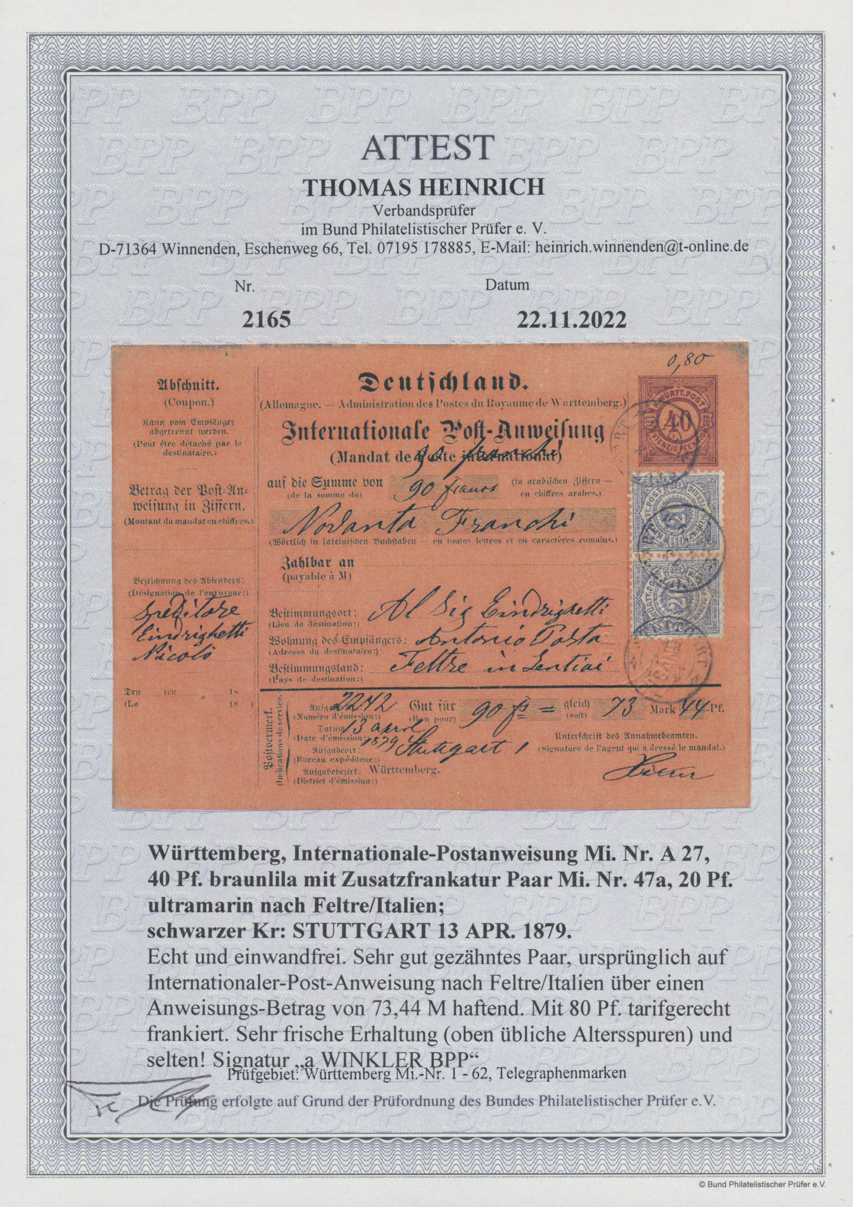 Lot 04735 - Württemberg - Postanweisungen  -  Auktionshaus Christoph Gärtner GmbH & Co. KG 56th AUCTION - Day 3